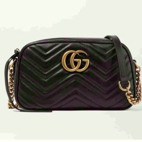 Gucci-Style Black Quilted Camera Crossbody Bag with Gold GG Logo - Picture 1 of 4